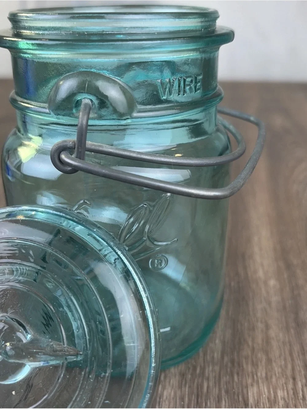 Vintage Ball Ideal Aqua Blue Glass Jar 5.5” Wire Bail w/ Lid 76 A24 Bicentennial